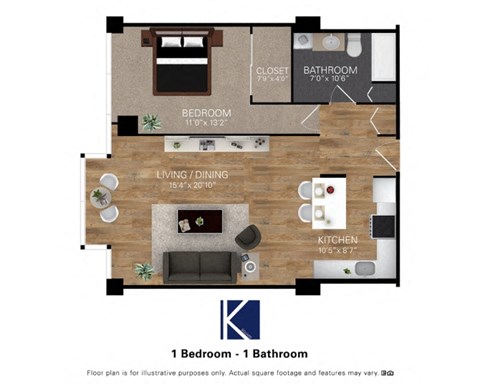 Floor plan for 1 bed, 1 bath, 823 sqft