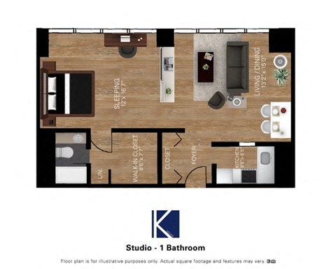 Floor plan for studio, 1 bath, 604 sqft