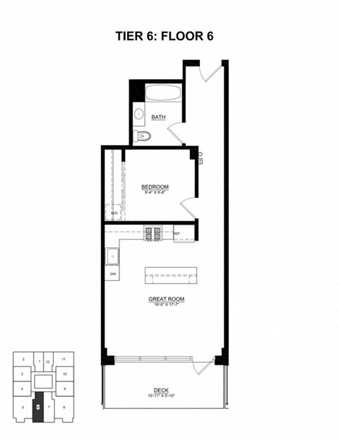 Floor plan for 1 bed, 1 bath, 623 sqft
