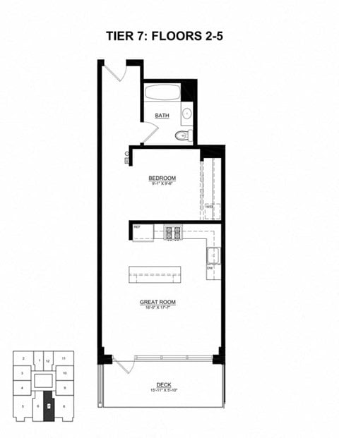 Floor plan for 1 bed, 1 bath, 623 sqft
