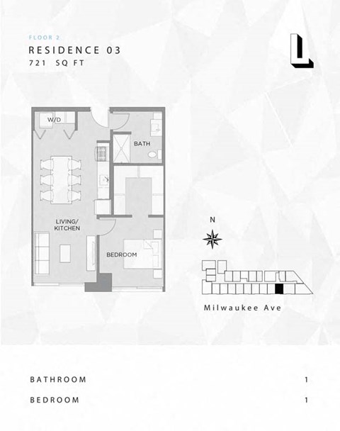 Floor plan for 1 bed, 1 bath, 721 sqft