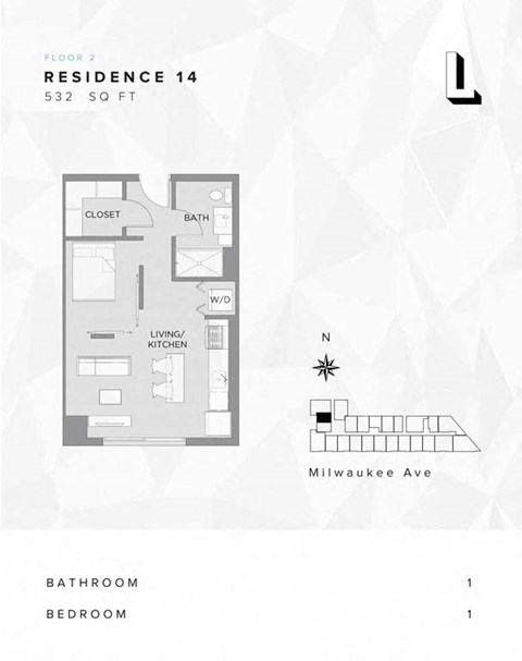 Floor plan for 1 bed, 1 bath, 601 sqft