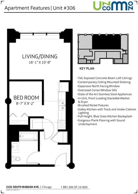 Floor plan for 1 bed, 1 bath, 590 sqft