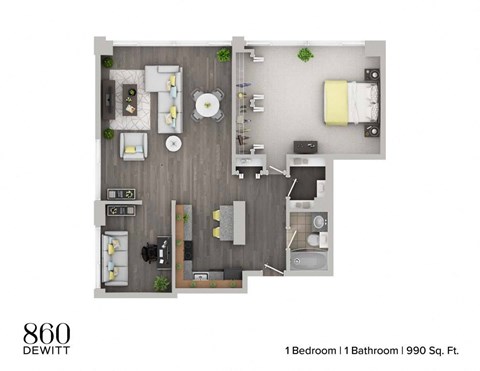 Floor plan for 1 bed, 1 bath, 990 sqft