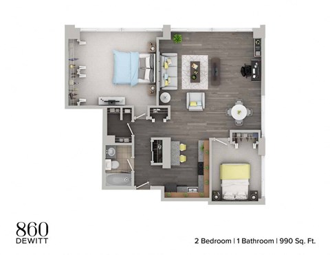 Floor plan for 2 beds, 1 bath, 990 sqft