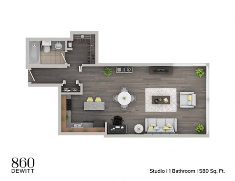 Floor plan for studio, 1 bath, 570 sqft