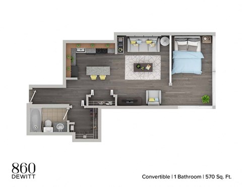 Floor plan for 1 bed, 1 bath, 570 sqft
