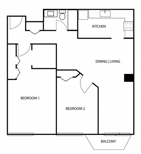 Floor plan for 2 beds, 1 bath, 924 sqft