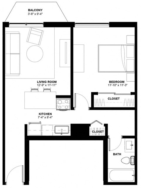Floor plan for 1 bed, 1 bath, 551 sqft