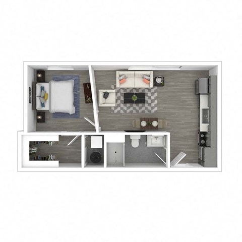 Floor plan for 1 bed, 1 bath, 733 sqft