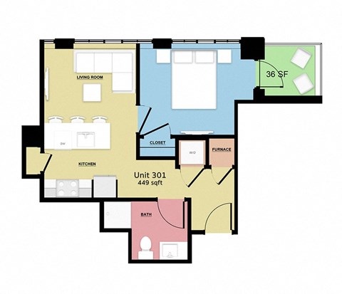 Floor plan for 1 bed, 1 bath, 449 sqft