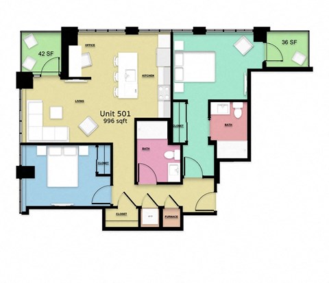 Floor plan for 2 beds, 2 baths, 996 sqft