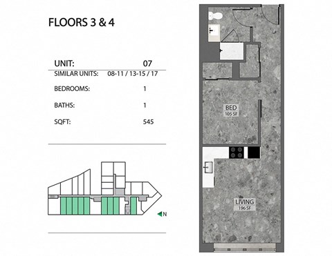 Floor plan for 1 bed, 1 bath, 560 sqft
