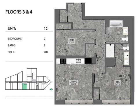 Floor plan for 2 beds, 2 baths, 847 sqft