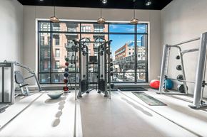 Chicago apartment for rent - Fitness center with strength training equipment and urban views at River North Park Apartments, Illinois, 60654