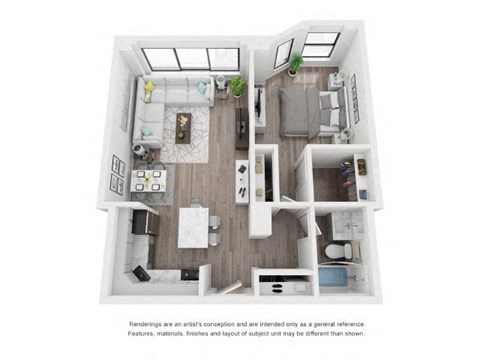 Floor plan for 1 bed, 1 bath, 726 sqft