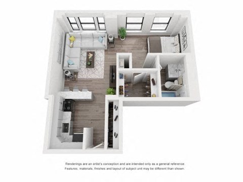 Floor plan for studio, 1 bath, 593 sqft