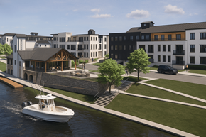 Pittsford apartment for rent - Artist rendering of an arial exterior view of Westport Crossing from above the Erie Canal