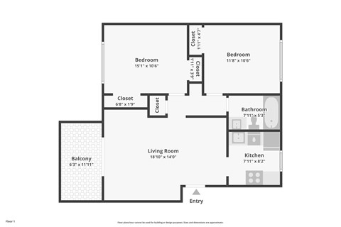 Floor plan for 2 beds, 1 bath, 810 sqft