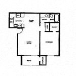 Floor plan for 1 bed, 1 bath, 611 sqft