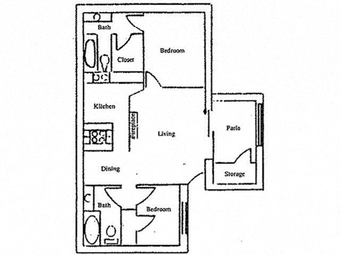 Floor plan for 2 beds, 2 baths, 1000 sqft