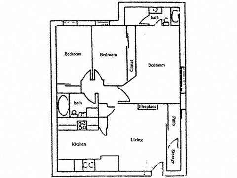 Floor plan for 3 beds, 2 baths, 1200 sqft