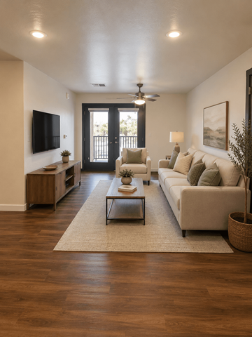 Phoenix apartment for rent - A living room with a white couch and a wooden floor.