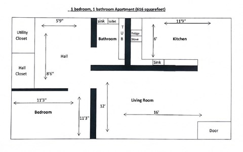 Floor plan for 1 bed, 1 bath, 616 sqft