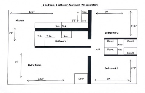 Floor plan for 2 beds, 1 bath