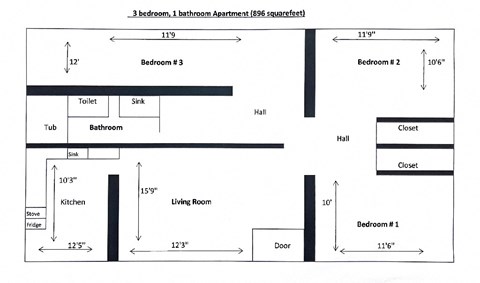 Floor plan for 3 beds, 1 bath