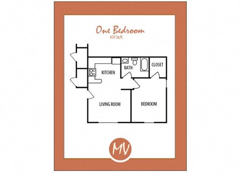 Floor plan for 1 bed, 1 bath, 663 sqft