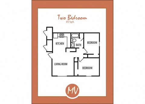 Floor plan for 2 beds, 1 bath, 817 sqft