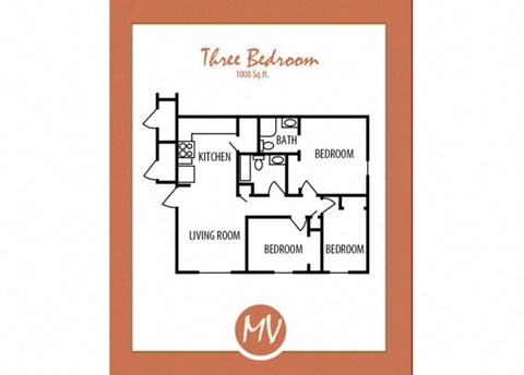 Floor plan for 3 beds, 2 baths, 1008 sqft