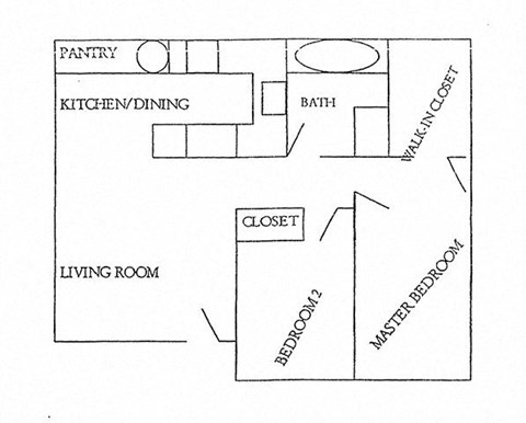 Floor plan for 2 beds, 1 bath, 841 sqft
