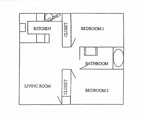 Floor plan for 2 beds, 1 bath, 841 sqft