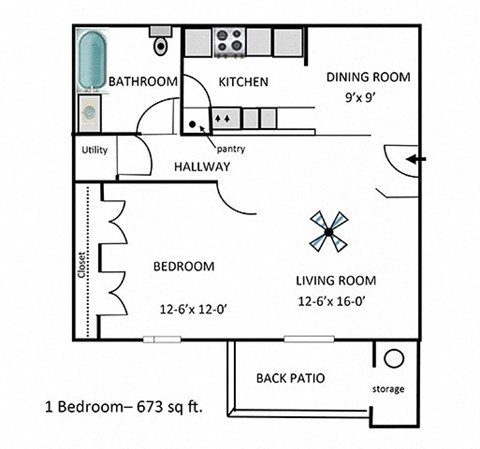 Floor plan for 1 bed, 1 bath, 673 sqft