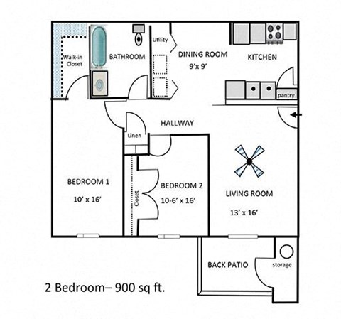 Floor plan for 2 beds, 1 bath, 900 sqft
