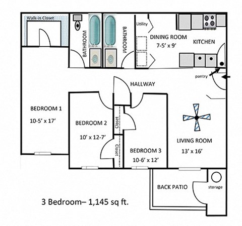 Floor plan for 3 beds, 2 baths, 673 sqft