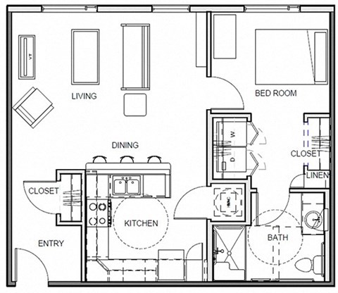Floor plan for 1 bed, 1 bath, 710 sqft