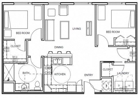 Floor plan for 2 beds, 1 bath, 906 sqft
