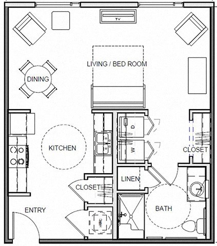 Floor plan for studio, 1 bath, 585 sqft