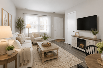 Raleigh townhouse for rent - A living room with a white couch, a wooden coffee table, and a fireplace.