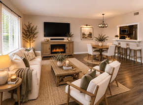Raleigh townhouse for rent - A cozy living room with a fireplace and a television.