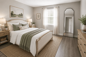 Charlotte apartment for rent - A bedroom with a large bed and a mirror on the wall.