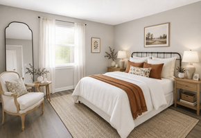 Charlotte apartment for rent - A bedroom with a large bed, a chair, and a painting on the wall.