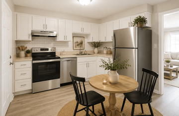 Charlotte apartment for rent - A modern kitchen with a table and chairs.