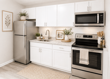 Durham apartment for rent - A modern kitchen with white cabinets and stainless steel appliances.