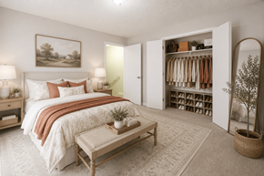 Gastonia apartment for rent - A bedroom with a large bed and a wardrobe.