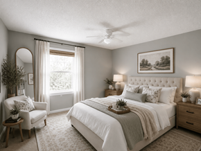 Charlotte apartment for rent - A bedroom with a large bed, a chair, and a painting on the wall.