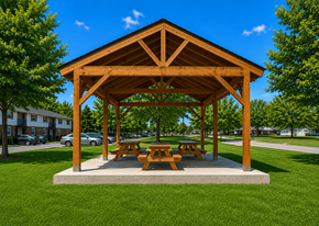 Raleigh townhouse for rent - A wooden pavilion with picnic tables is situated in a grassy area.